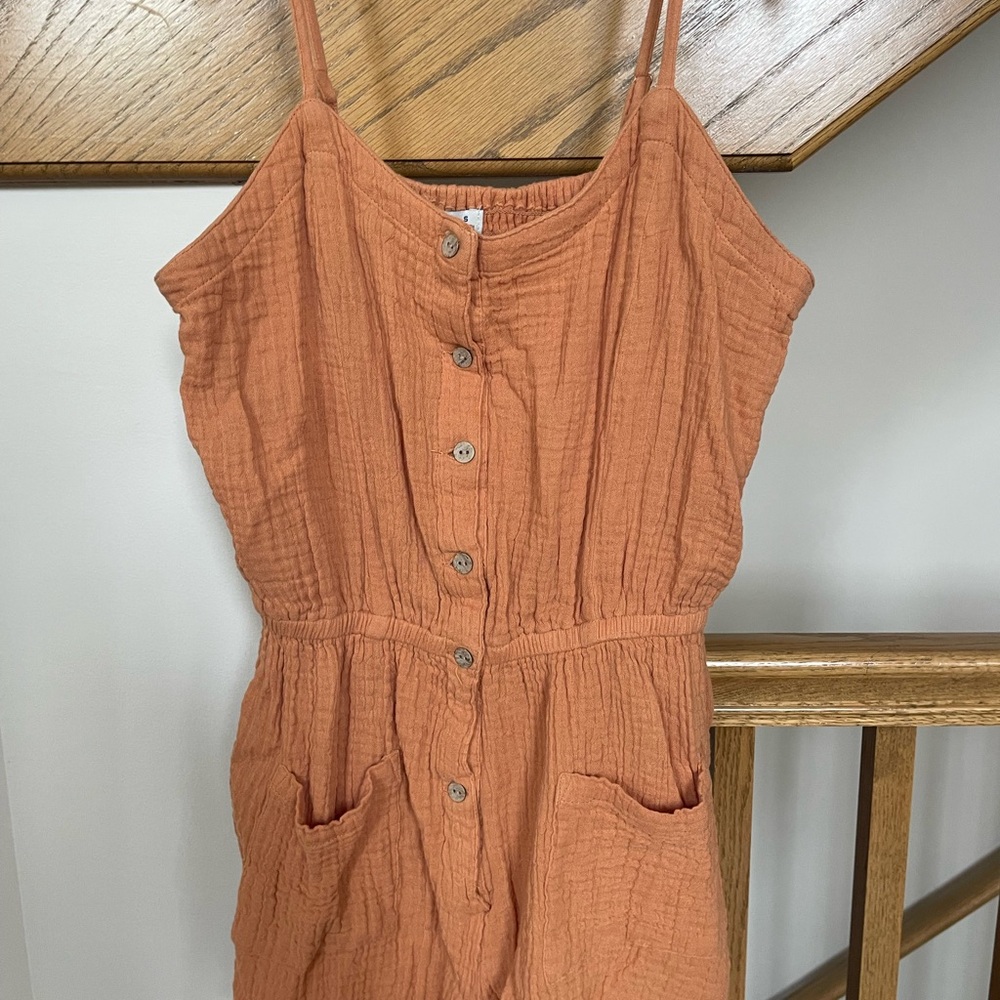 Juniors Sleeveless Button-Front One-Piece in Rust Orange